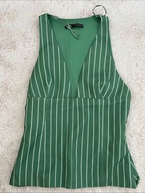 Zara Green White Pinstriped V-Neck Camisole